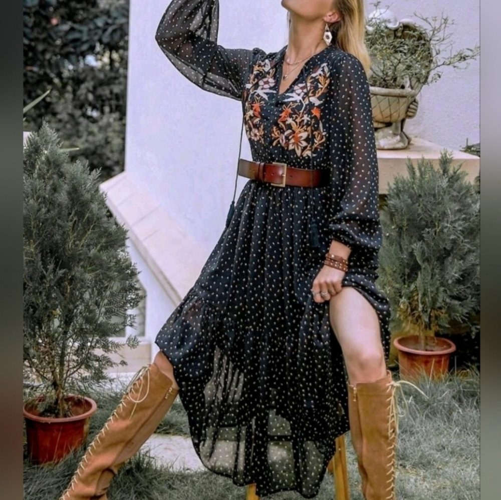 New Boho Embroidered Floral Dot Chiffon Midi Dress Black Orange White Plus